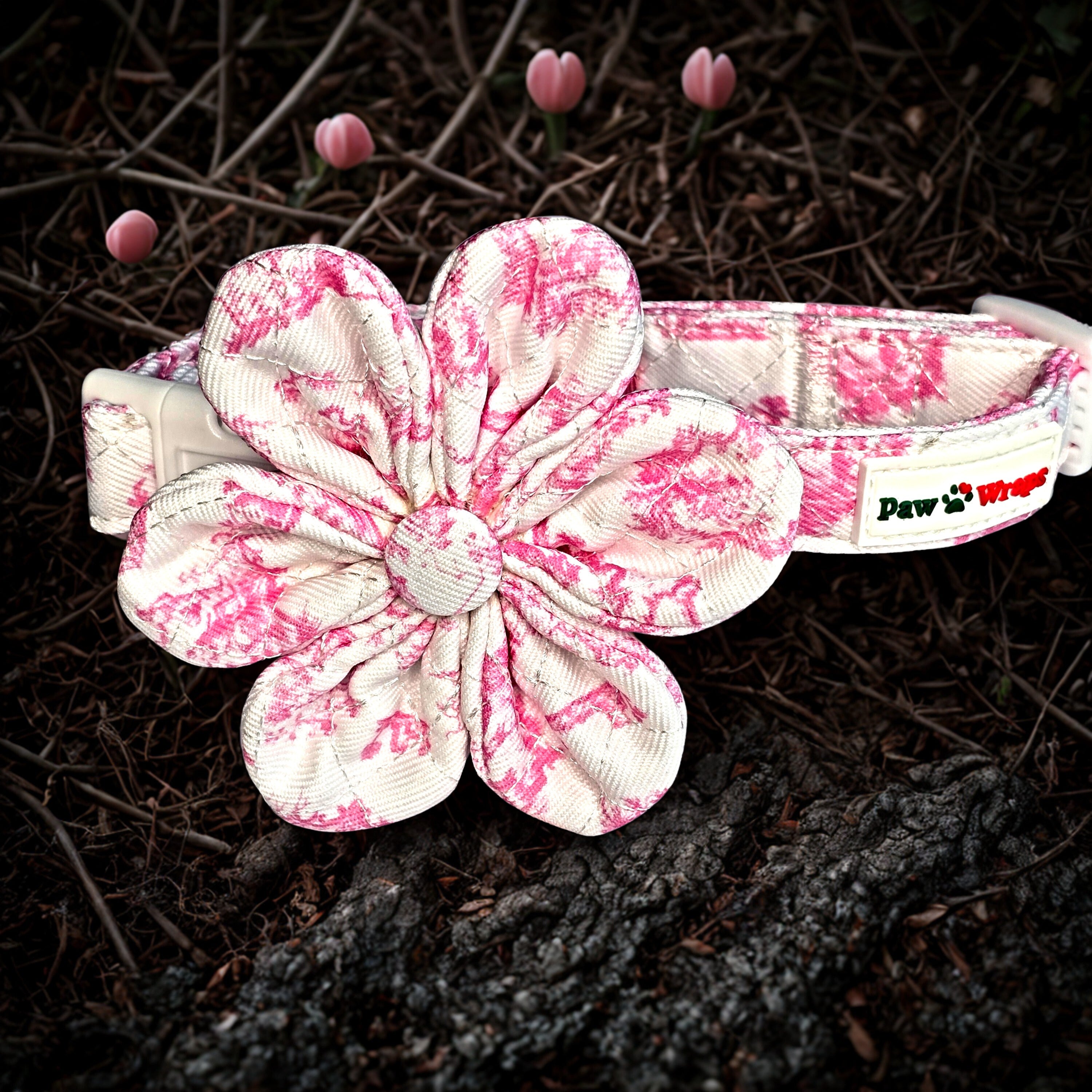 Paw Wraps Dog Collar Flower Pink and White Toile de Jouy Dog Collar Flower