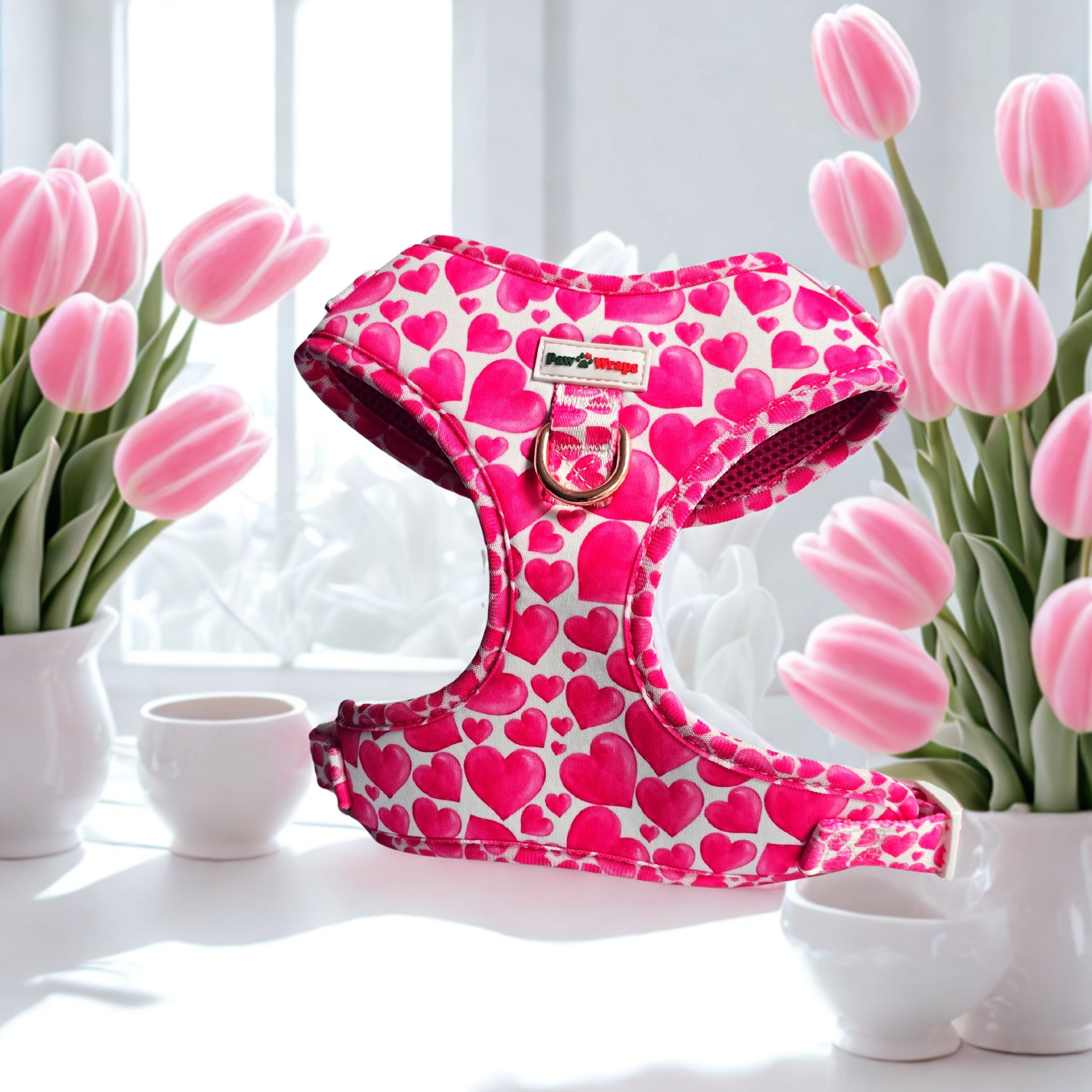 Paw Wraps Dog Harness Small Hot Pink Love Hearts No Pull Adjustable Neck Dog Harness