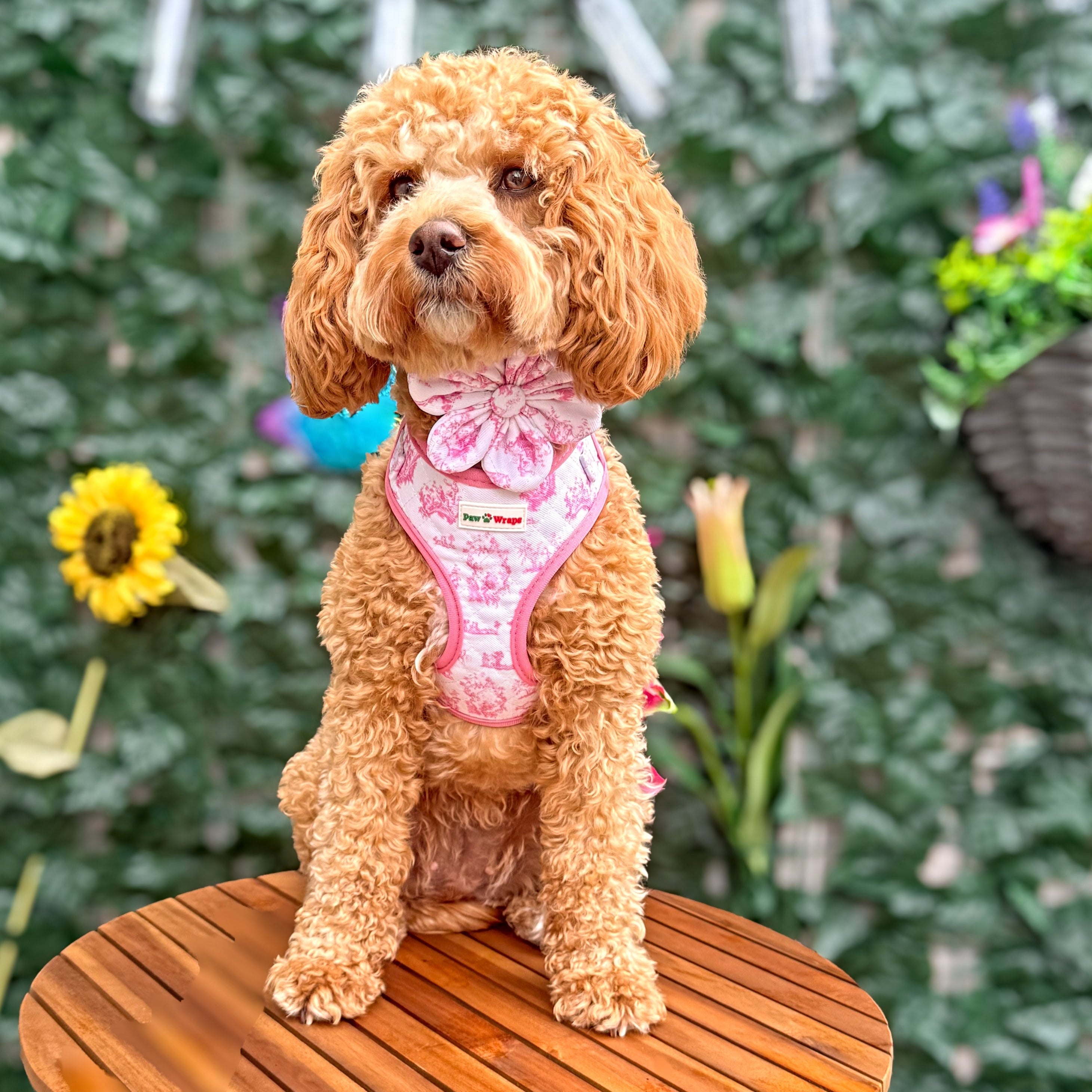 Paw Wraps Dog Collar Flower Pink Toile de Jouy Dog Collar Flower