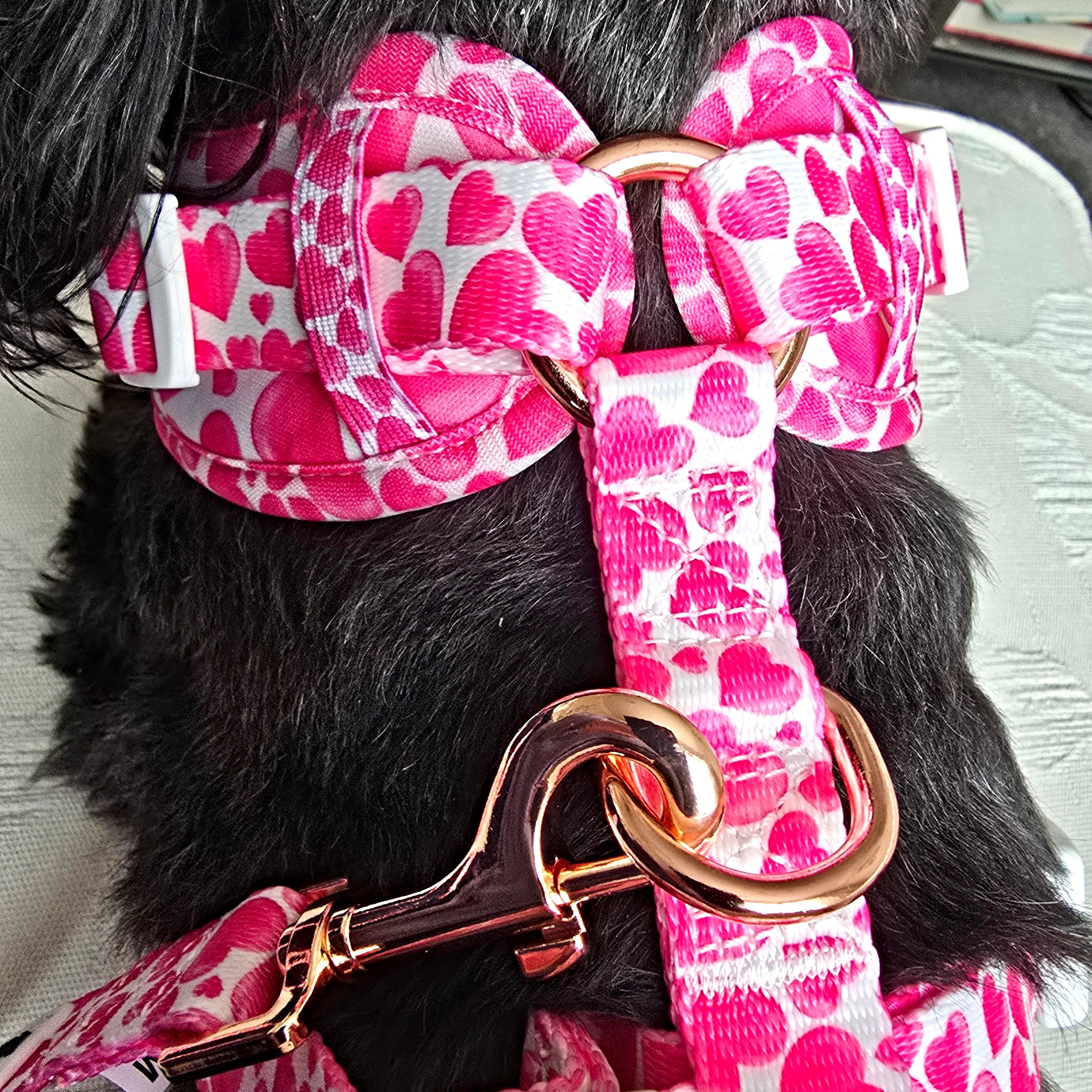 Paw Wraps Dog Harness Hot Pink Love Hearts No Pull Adjustable Neck Dog Harness