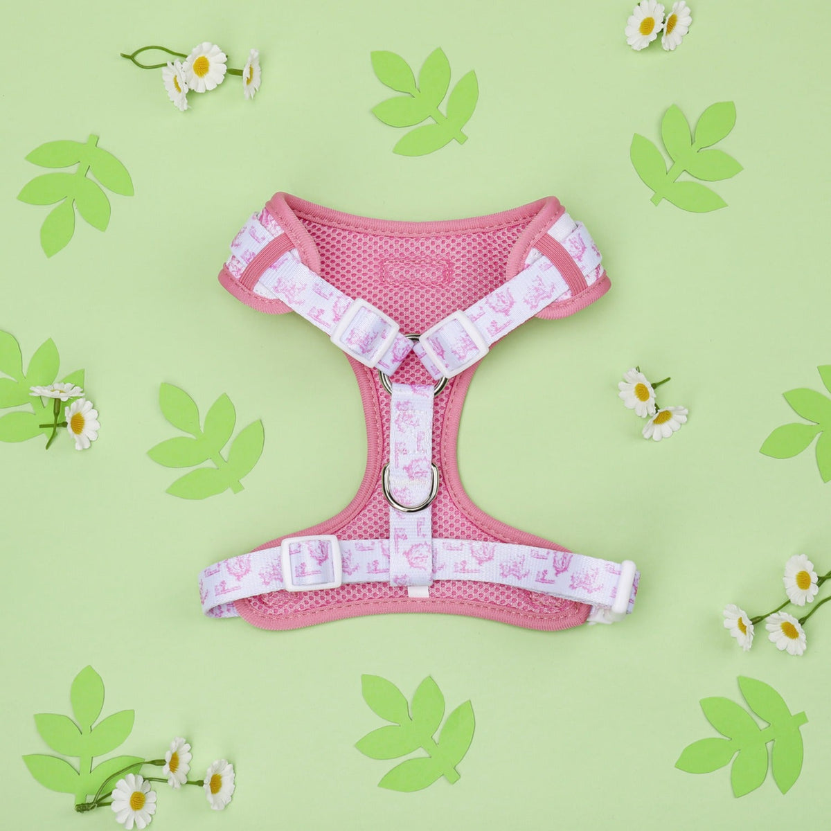 Paw Wraps Dog Harness Pink Toile de Jouy Cotton Adjustable Neck Dog Harness