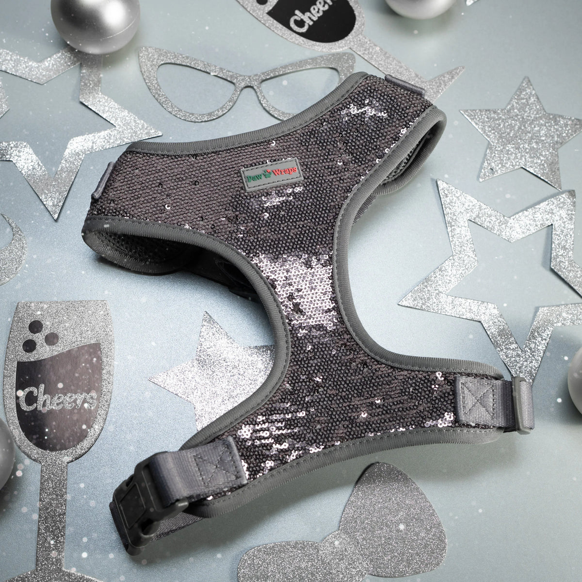Paw Wraps Dog Harness Pewter / S Sparkly Sequins Celebration Adjustable Neck Dog Harness