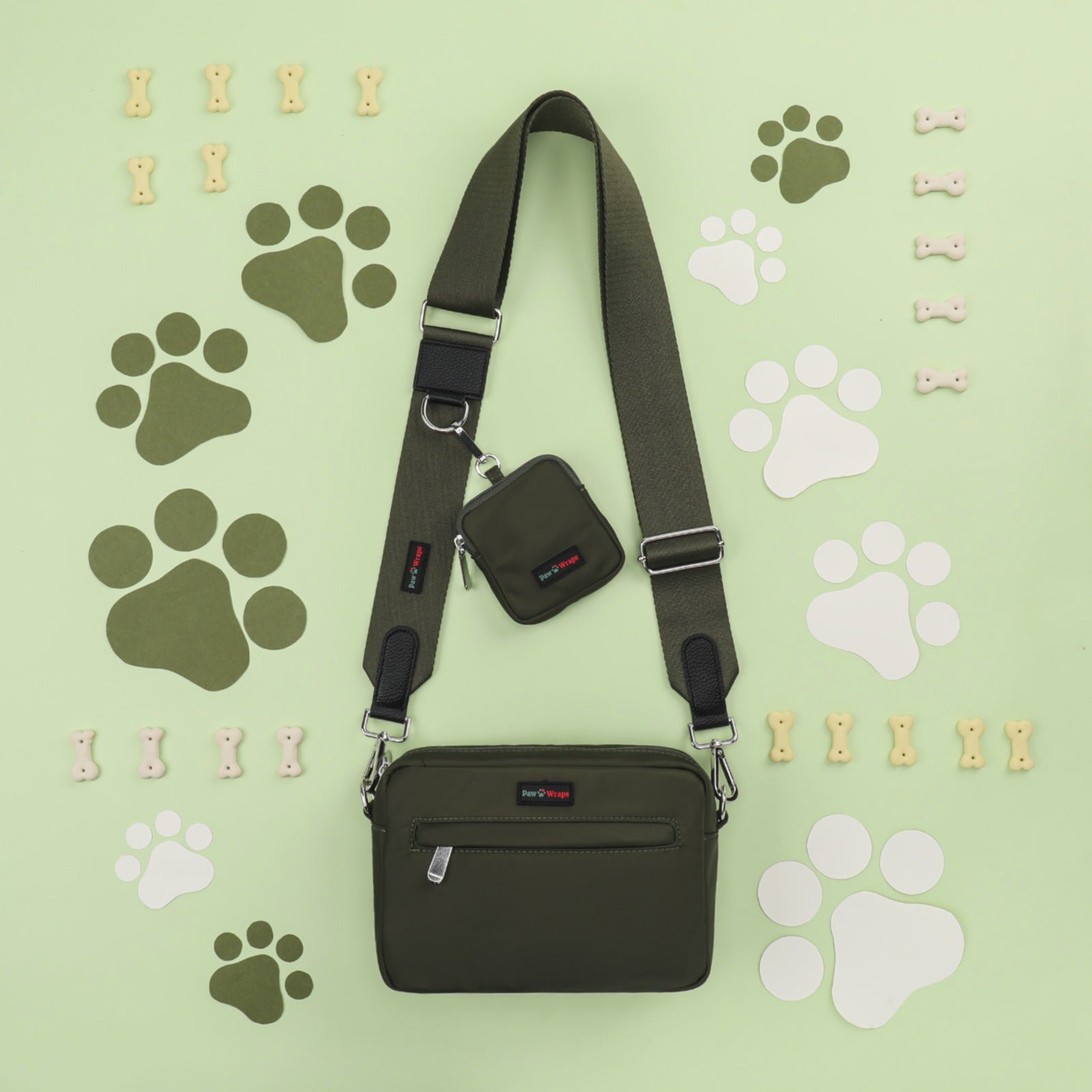Paw Wraps DOG WALKING BAG Country Green Crossbody Dog Walking Bag Set with Adjustable Strap 5cm wide