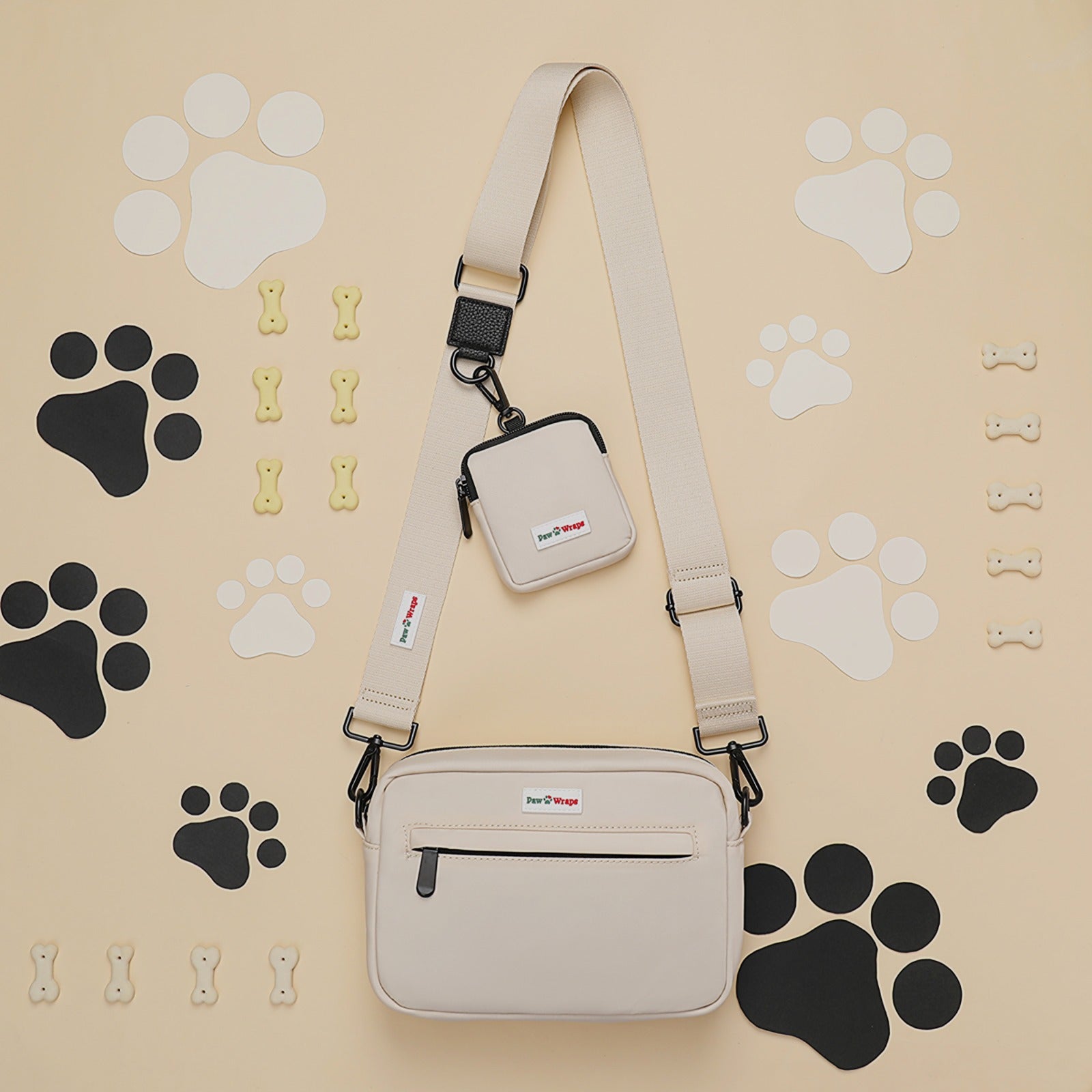 Paw Wraps DOG WALKING BAG Cream Crossbody Dog Walking Bag Set with 4cm Adjustable Strap